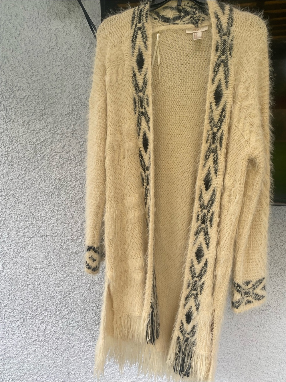 Forever 21 Cream Fringe Cardigan with Black Geometric Trim